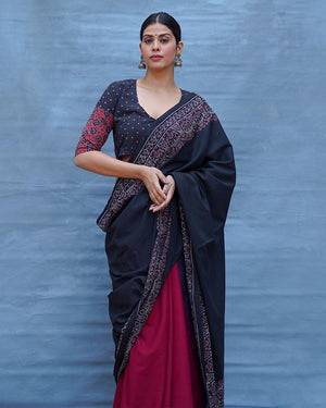Binodini Black With Maroon Handblock Printed