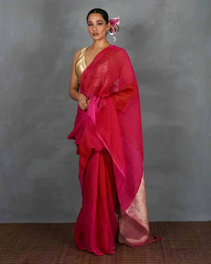 Inner Glow Red With Pink Handwoven Linen Saree - TARA